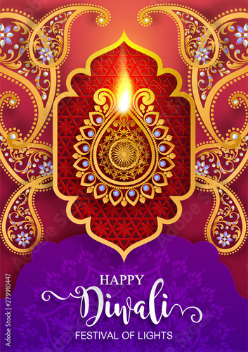 Diwali, Deepavali or Dipavali the festival of lights india with gold diya patterned and crystals on paper color Background.