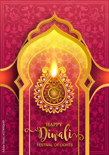 Diwali, Deepavali or Dipavali the festival of lights india with gold diya patterned and crystals on paper color Background.
