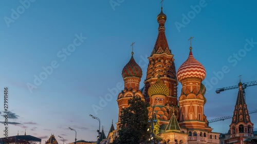 St. Basils cathedral at Sunset timelapse hyperlapse in Moscow, Russia 8K