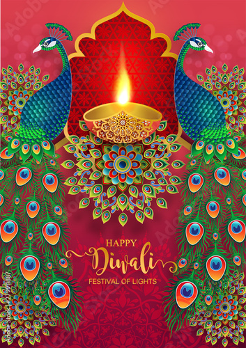 Diwali, Deepavali or Dipavali the festival of lights india with gold diya patterned and crystals on paper color Background.