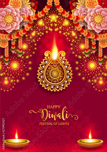 Diwali, Deepavali or Dipavali the festival of lights india with gold diya patterned and crystals on paper color Background.