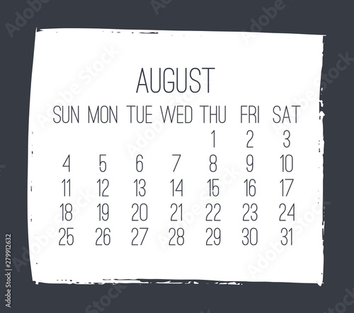 August year 2019 monthly calendar