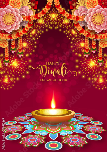 Diwali, Deepavali or Dipavali the festival of lights india with gold diya patterned and crystals on paper color Background.