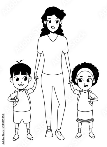 Family single mother with kid in black and white