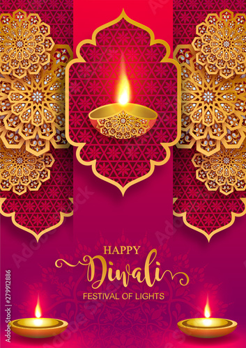 Diwali, Deepavali or Dipavali the festival of lights india with gold diya patterned and crystals on paper color Background.