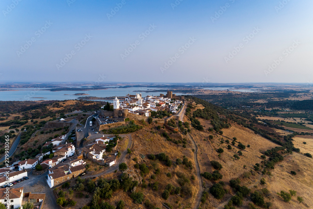 Aerial view of the beutiful historical village of Monsaraz, in Alentejo, Portugal; Concept for travel in Portugal