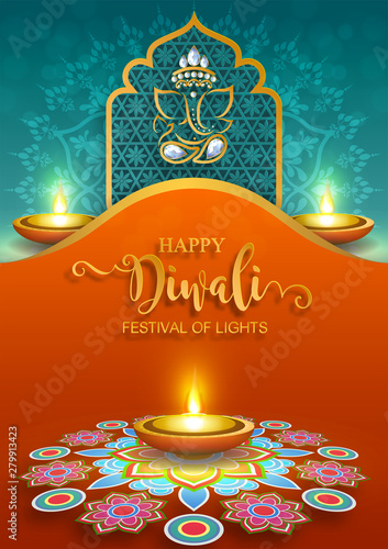 Diwali, Deepavali or Dipavali the festival of lights india with gold diya patterned and crystals on paper color Background.