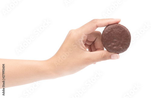 hand holding Chocolate brownie cookie Isolated on a White Background. photo