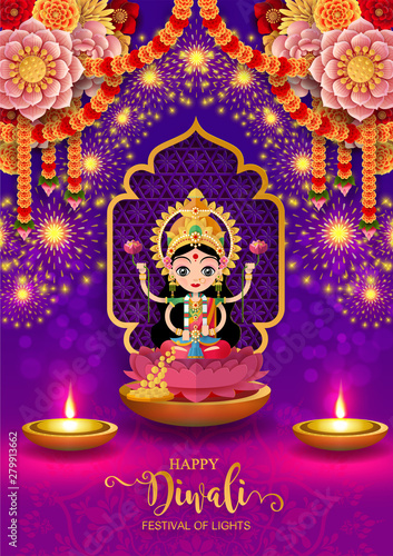 Diwali, Deepavali or Dipavali the festival of lights india with gold diya patterned and crystals on paper color Background.