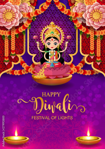 Diwali, Deepavali or Dipavali the festival of lights india with gold diya patterned and crystals on paper color Background.