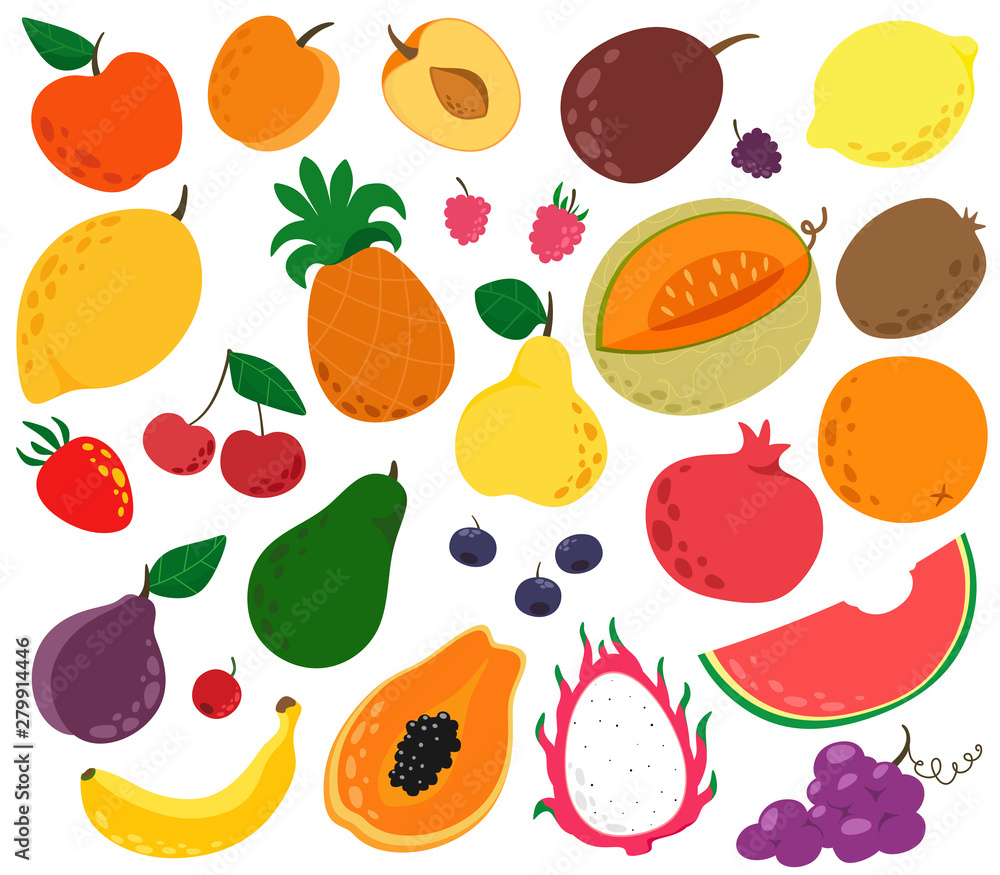 A large set of fruit in a cartoon style. Lovely and conceptual fruit. Vector isolates on a white background. A large set of fruit in a cartoon style. Lovely and conceptual fruit. Vector isolates on a white background.