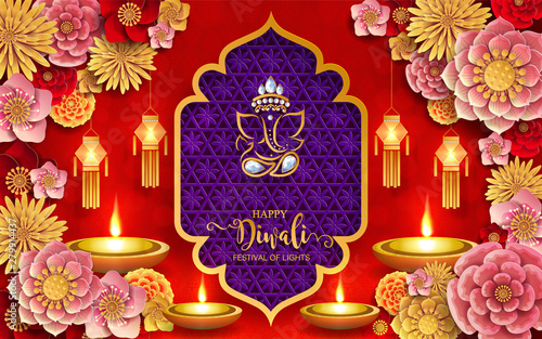Diwali, Deepavali or Dipavali the festival of lights india with gold diya patterned and crystals on paper color Background.