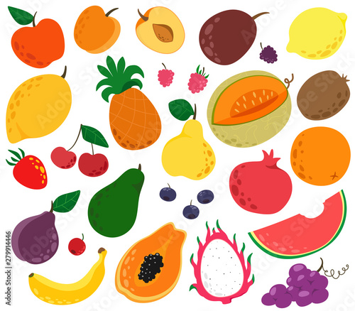 Fototapeta Naklejka Na Ścianę i Meble -  A large set of fruit in a cartoon style. Lovely and conceptual fruit. Vector isolates on a white background.