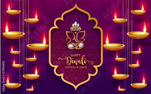 Diwali, Deepavali or Dipavali the festival of lights india with gold diya patterned and crystals on paper color Background.