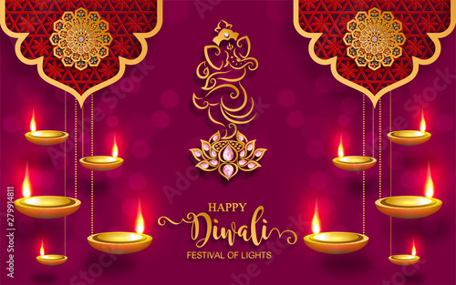 Diwali, Deepavali or Dipavali the festival of lights india with gold diya patterned and crystals on paper color Background.