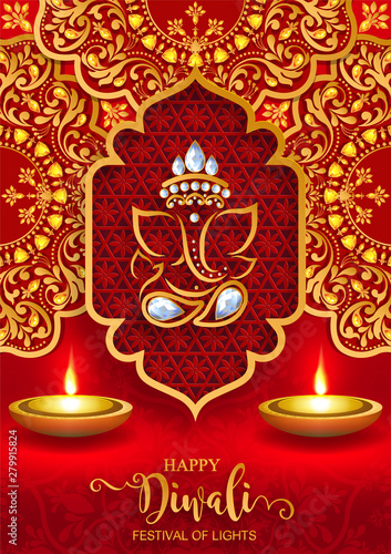 Diwali, Deepavali or Dipavali the festival of lights india with gold diya patterned and crystals on paper color Background.