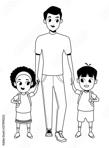 Family single father with kids in black and white