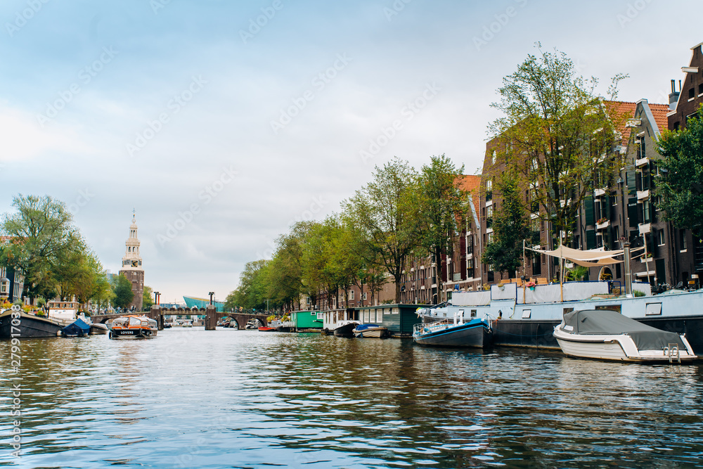 Fototapeta premium Amsterdam, Netherlands September 5, 2017: canals and rivers. City landscape. Tourist place. Sights.
