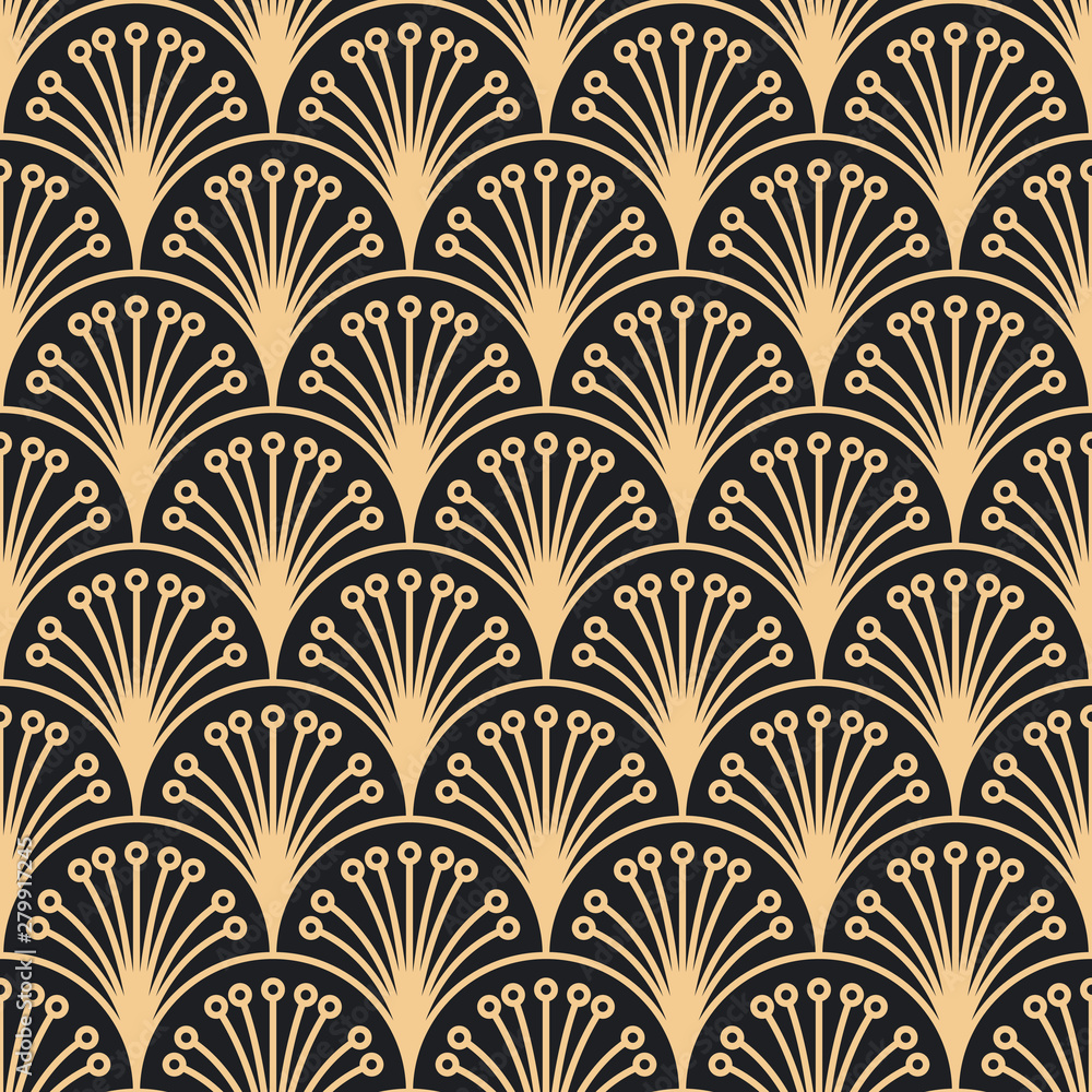 Seamless black and gold art deco floral peacock outline rococo pattern ...