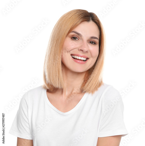 Portrait of woman with beautiful face on white background
