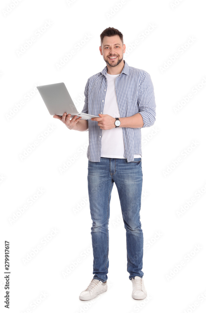 Happy man with laptop on white background Happy man with laptop on white background