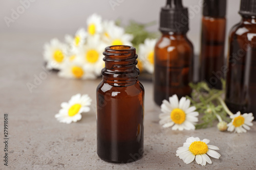 Bottles of chamomile essential oil and flowers on grey table, space for text