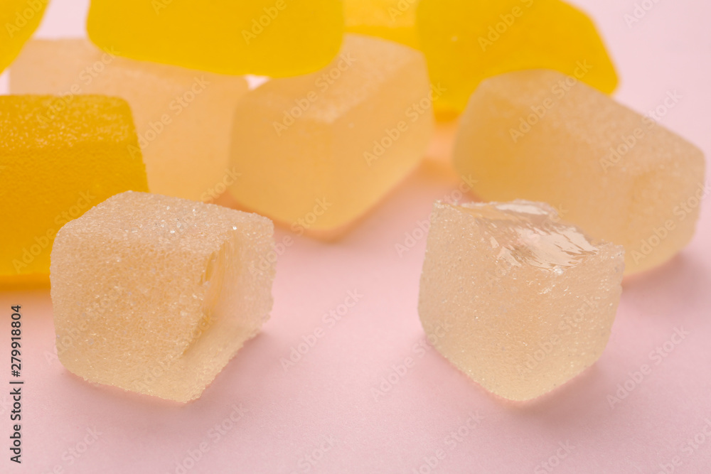 Tasty fresh jelly candies on color background Tasty fresh jelly candies on color background