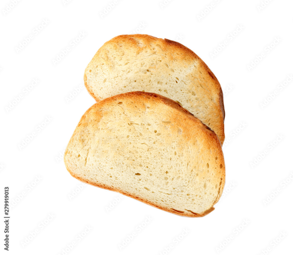 Slices of toasted wheat bread isolated on white, top view Slices of toasted wheat bread isolated on white, top view