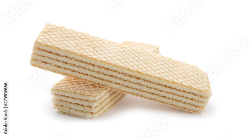 Delicious vanilla wafer sticks isolated on white photo