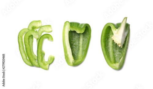 Cut green bell pepper on white background, top view