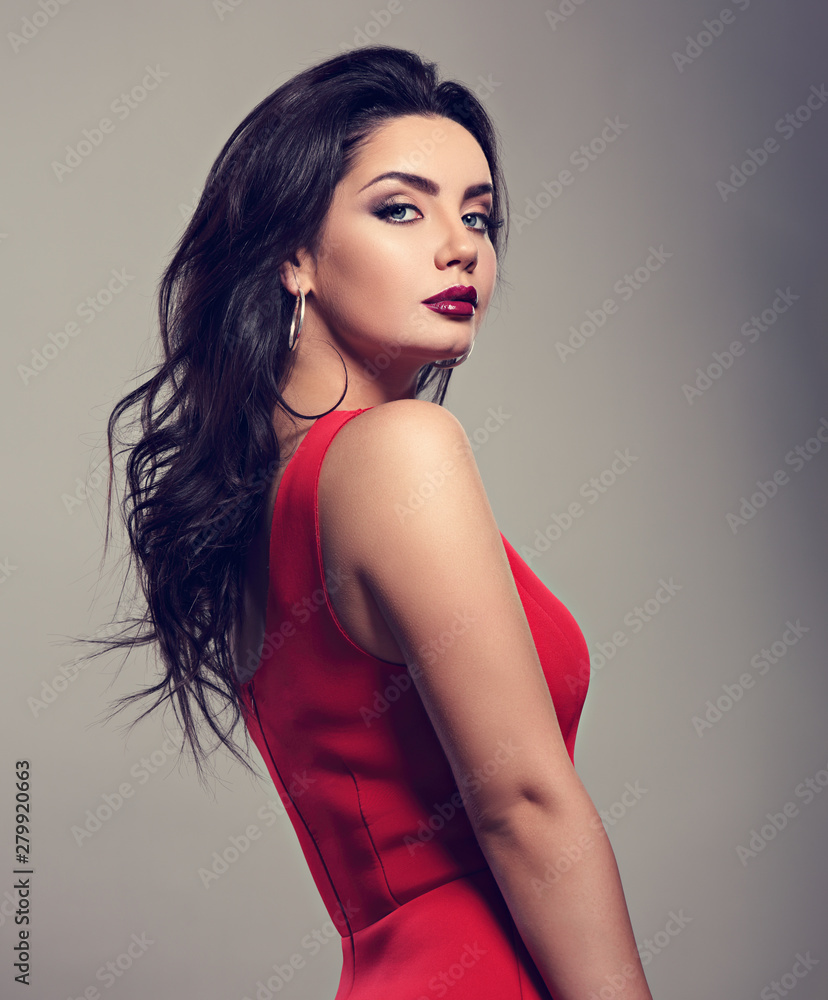 Beauty Brunette model woman in evening red dress. Beautiful fashion luxury  makeup and hairstyle, full length Stock Photo by ©KrisCole 135258776