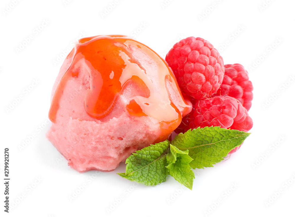 Scoop of delicious raspberry ice cream with syrup, mint and fresh berries on white background Scoop of delicious raspberry ice cream with syrup, mint and fresh berries on white background