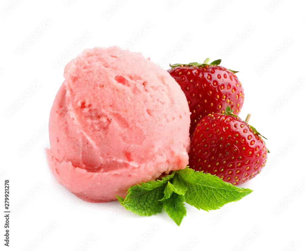 Scoop of delicious strawberry ice cream with mint and fresh berries on white background Scoop of delicious strawberry ice cream with mint and fresh berries on white background