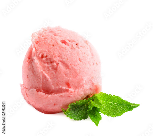 Scoop of delicious strawberry ice cream with mint on white background