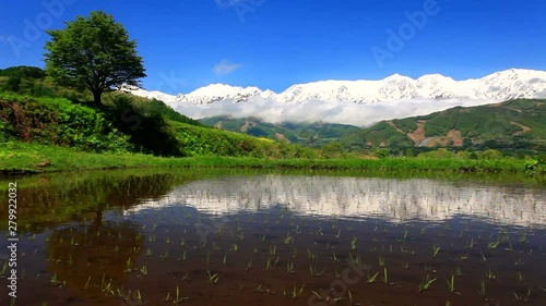 Pan right shot of mountains reflecting in water, Hakuba, Kitaazumi photo