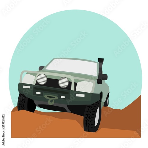 off road car is climbing a hill. Isolated 4 wheel drive off road flat illustration 