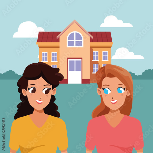 Young couple smiiling and walking cartoon