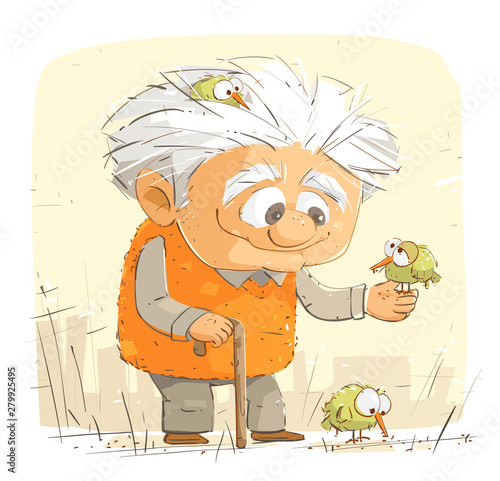 Kind Grandfather Feeding The Birds