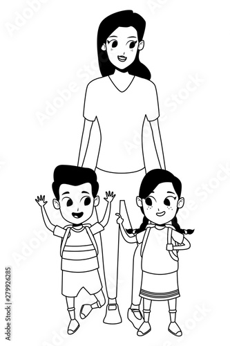 Family single mother with two kids in black and white