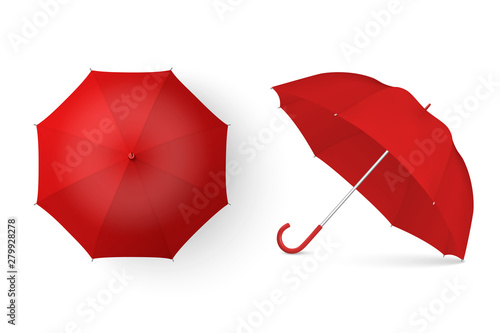 Vector 3d Realistic Render Red Blank Umbrella Icon Set Closeup Isolated on White Background. Design Template of Opened Parasols for Mock-up, Branding, Advertise etc. Top and Front View