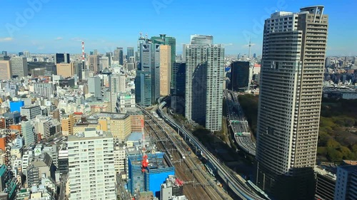 Panning shot of Tokyo panorama on sunny day