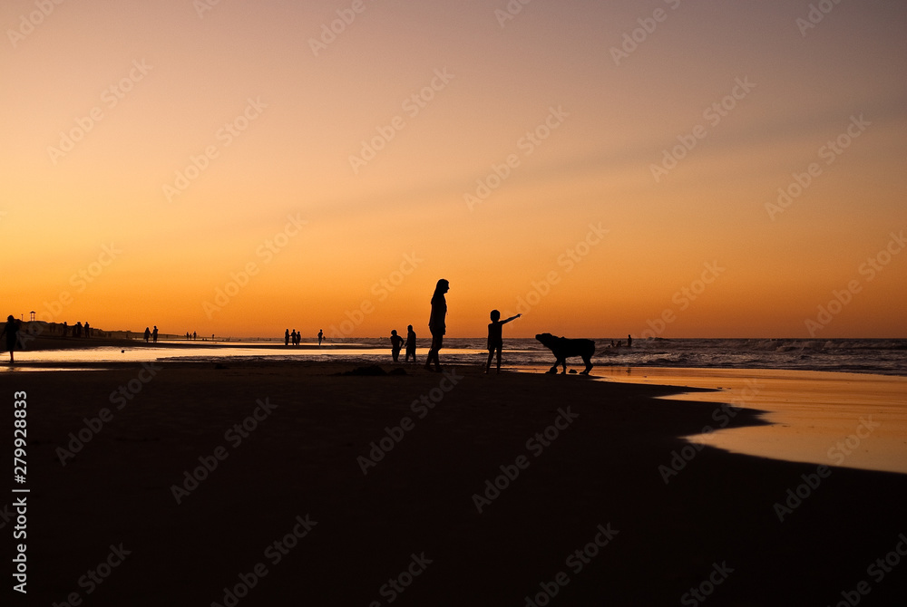 Fototapeta premium sylwetka ludzi na plaży o zachodzie słońca