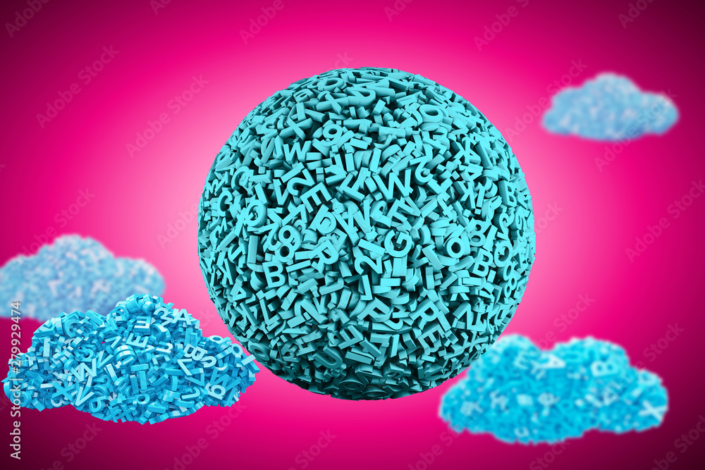 Big data concept. Huge amount 3d letters and numbers of blue green ball, with blue data clouds on pink background, 3D illustration. Big data concept. Huge amount 3d letters and numbers of blue green ball, with blue data clouds on pink background, 3D illustration.