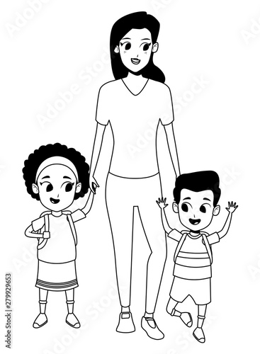 Family single mother with kid in black and white