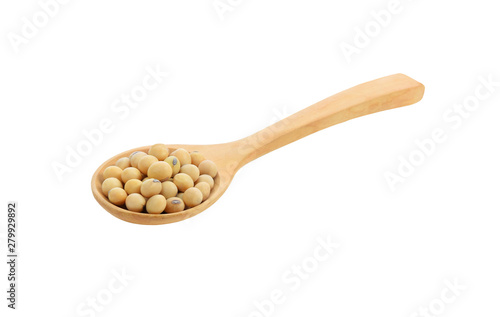 Soy beans in spoon on white background