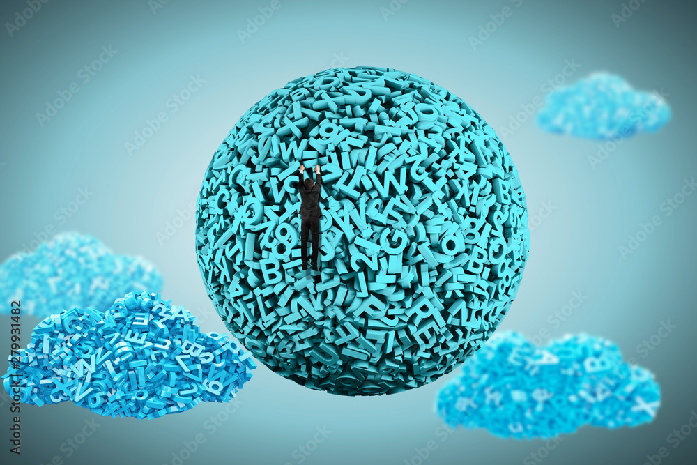 Big data concept. Climbing businessman hang on blue green ball of huge amount 3d letters and numbers. with blue data clouds. Big data concept. Climbing businessman hang on blue green ball of huge amount 3d letters and numbers. with blue data clouds.