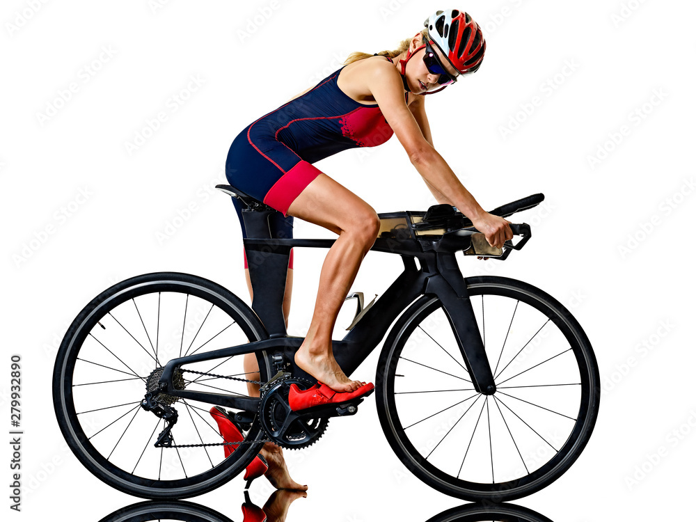 Naklejka premium one caucasian woman practicing triathlon triathlete ironman studio shot isolated on white background