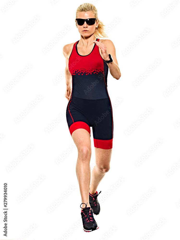 Fototapeta premium one caucasian woman practicing triathlon triathlete ironman runner running jogger jogging in studio shot isolated on white background