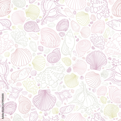 Vector white pastel colours repeat pattern with variety of seashells. Perfect for greetings, invitations, wrapping paper, textile, wedding and web design.