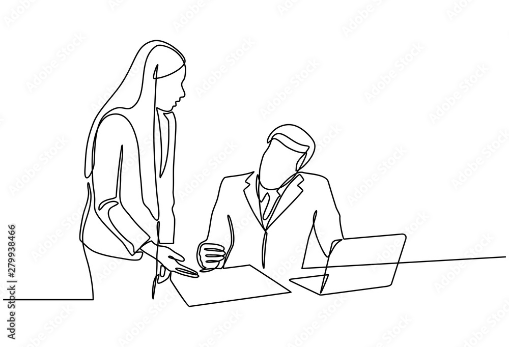 Continuous line drawing of businessmen and businesswomen discuss their strategies with laptops in the office. Talk and discuss something. Business meeting in office isolated on white background. Continuous line drawing of businessmen and businesswomen discuss their strategies with laptops in the office. Talk and discuss something. Business meeting in office isolated on white background.